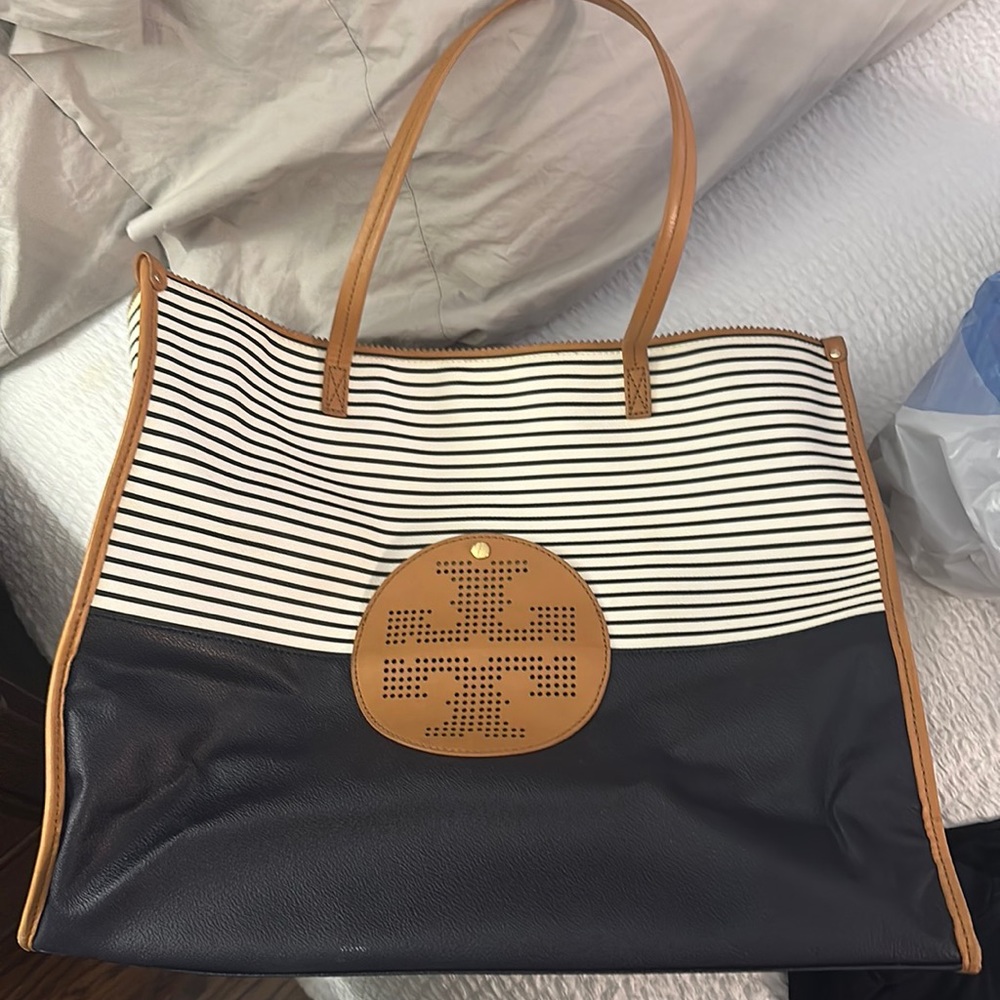 Tory Burch Ella tote.  Great condition. Navy white stripe